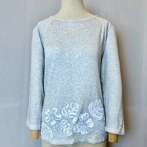 Tommy Bahama Top Womens Medium Light Blue Shirt 3/4 Sleeve Striped Hibiscus